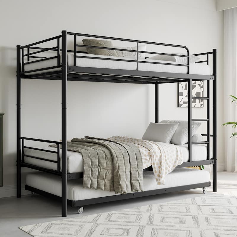 Space-Saving Twin Metal Bunk Bed with Trundle, Ladder, and Full-Length Guardrail, No Box Spring Needed