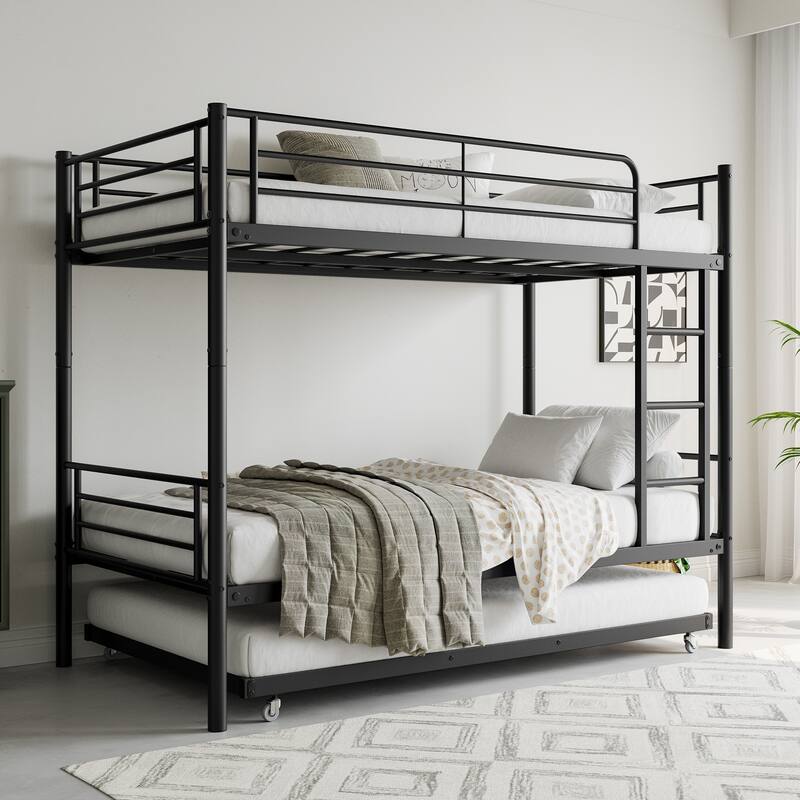 Twin Over Twin Metal Bunk Bed with Trundle and Guardrails, Space-Saving Frame