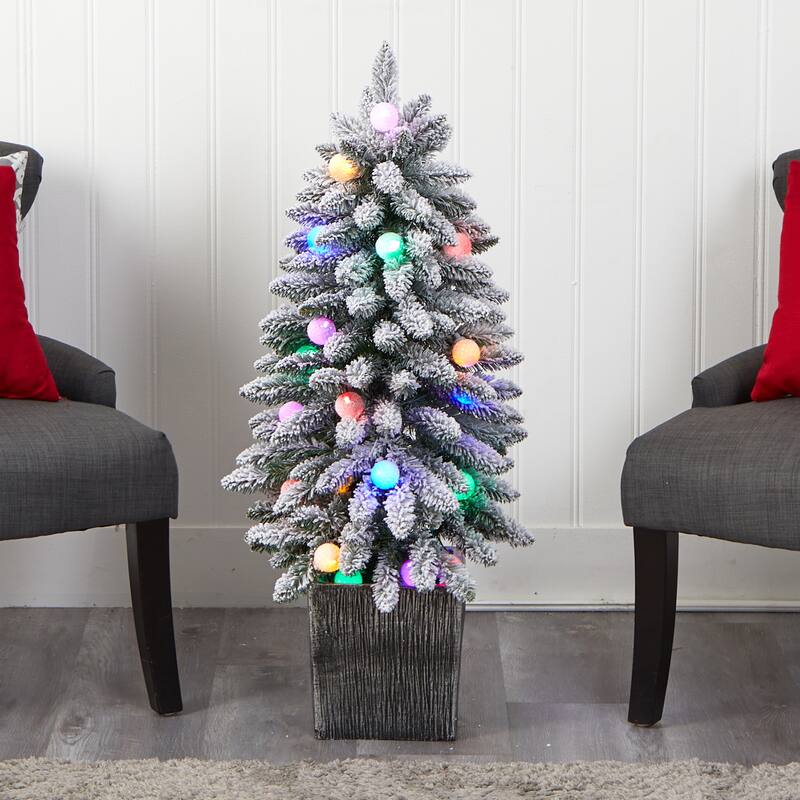 3’ Pre-Lit Flocked Artificial Christmas Potted Tree, Multicolor LED Lights - 3 Foot