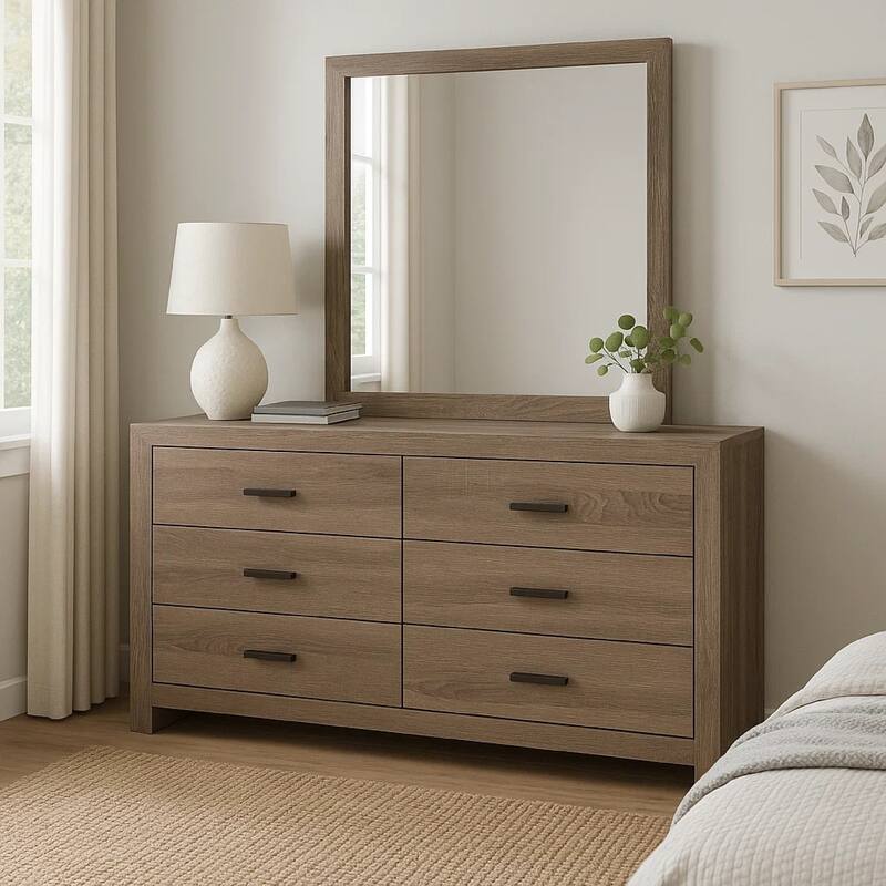 Sili Wide Dresser with Rectangular Mirror, 6 Drawers, Barrel Oak Brown