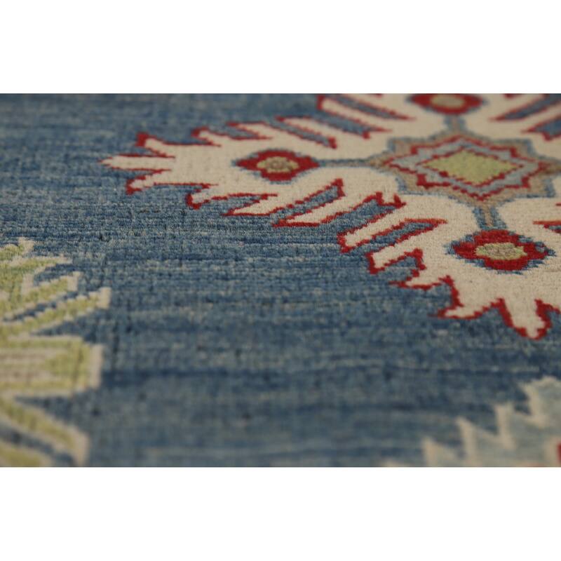 Hand Knotted Oriental 100% Wool Carpet Traditional Geometric Navy Blue & Blues Kazak Area Rug - 13' 7'' X 9' 10''