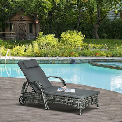 Wicker Chaise Lounge Chair with Adjustable Rattan Recliner, Cushion