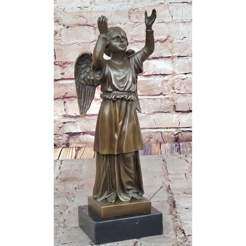 Bronze Child Angel Statue With Upraised Arms – Spiritual Décor On Marble Base