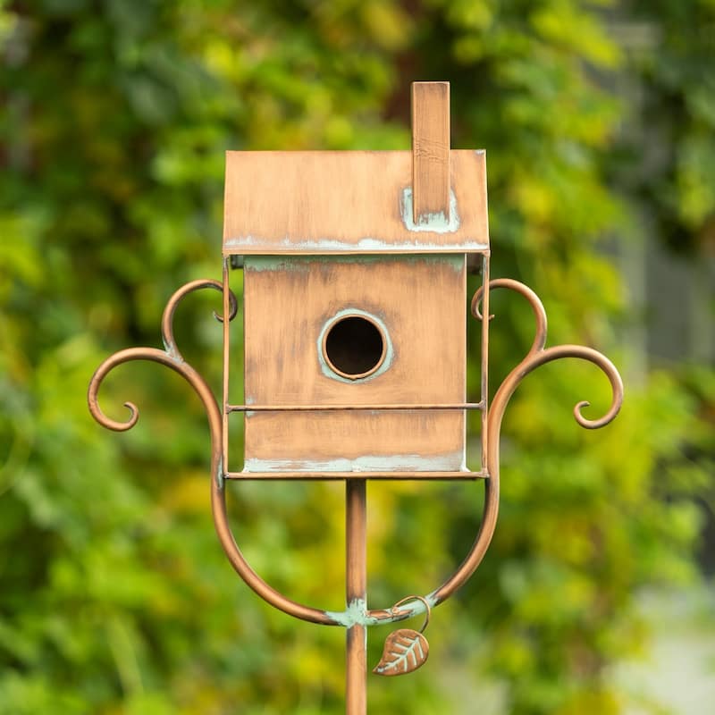 63" Tall Colonial Style Birdhouse Garden Stake in Antique Copper