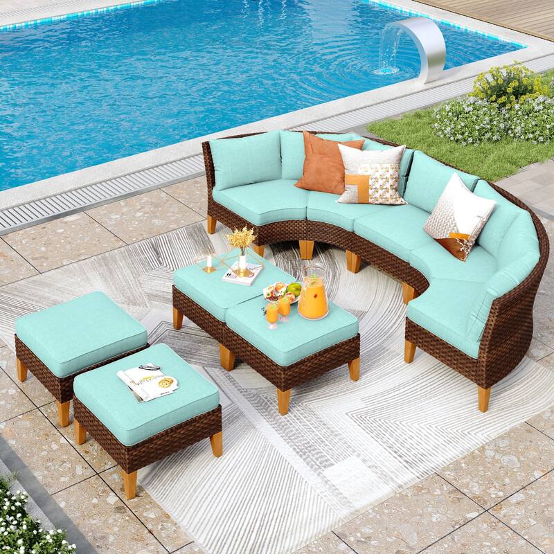 12-Seat Outdoor Wicker Half-Round Furniture Set, Half-Moon Sectional Sofa All Weather Curved Conversation Set - 9-Seat - Type G