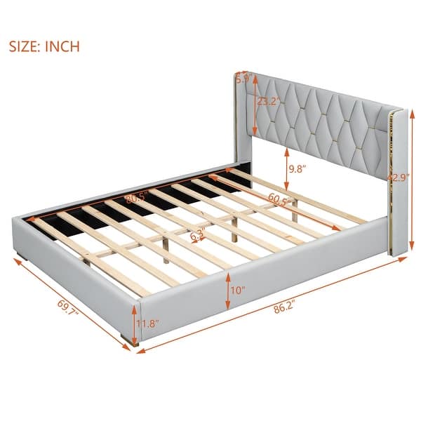 dimension image slide 0 of 2, PU Upholstered Queen Platform Bed with Sturdy Frame and Wooden Slats