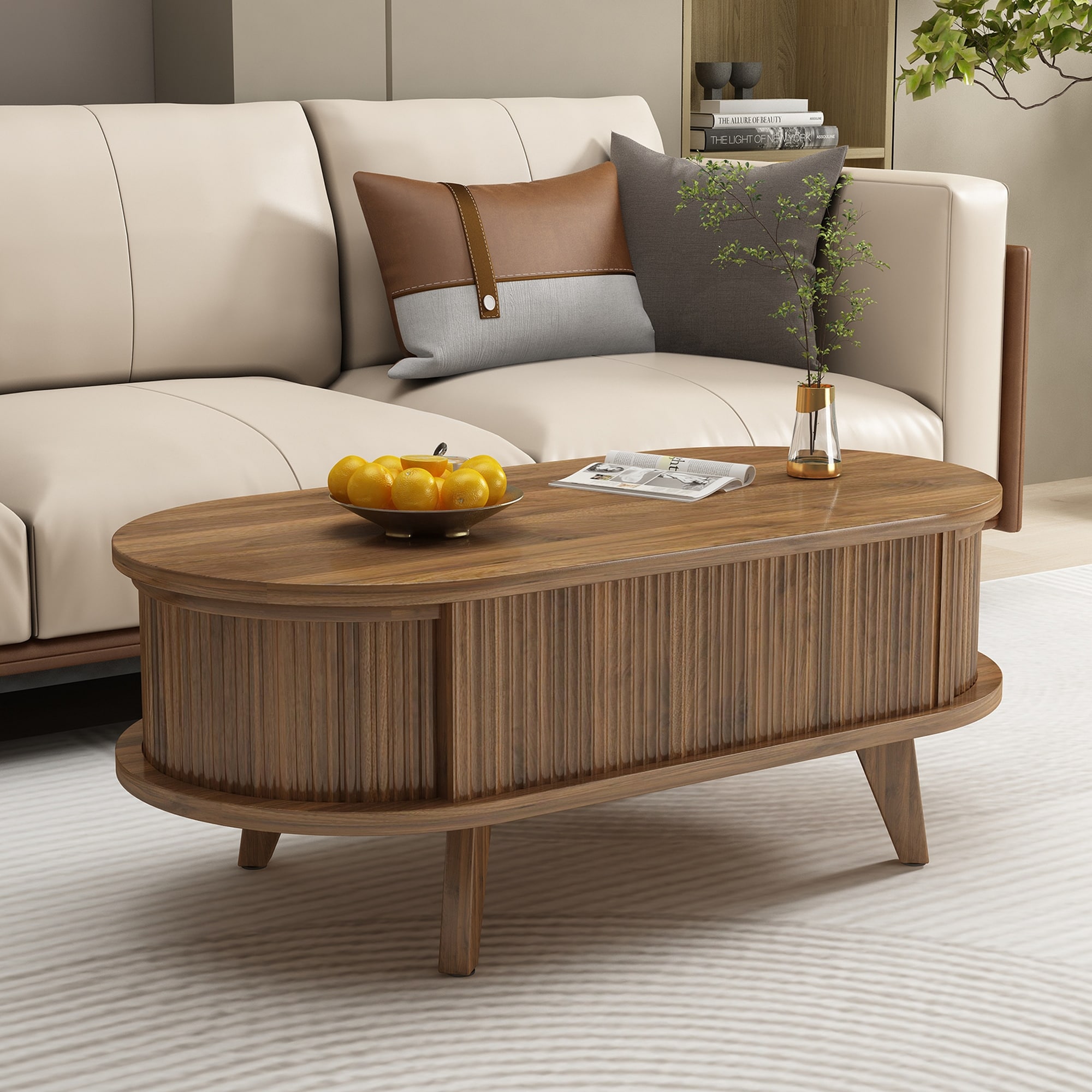 Walnut Fluted Lift-Top Coffee Table with Hidden Storage - N/A