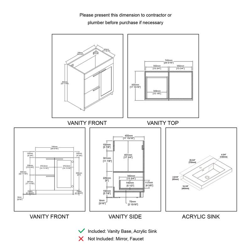 Blossom Hanover 30 Inch Bathroom Vanity with Topmount Acrylic Sink