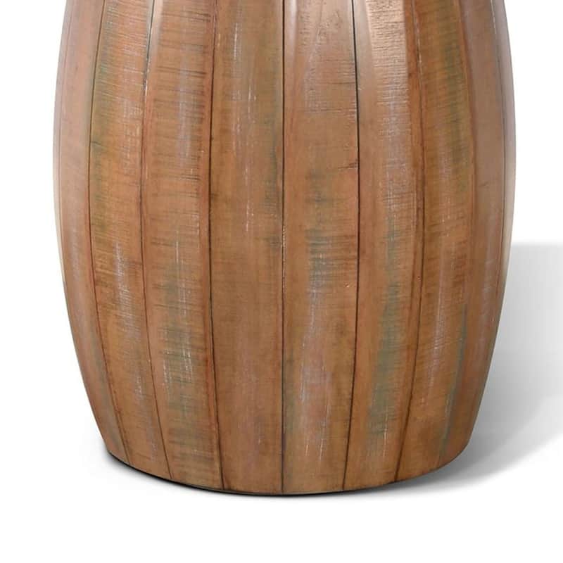 Selano End Table, 24 Inch Round Plank Top, Barrel Base, Brown Solid Wood