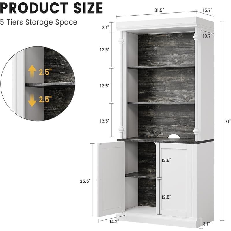 5-Tier Bookshelf Storage Cabinet with Doors Adjustable Shelves and LED Lights - White