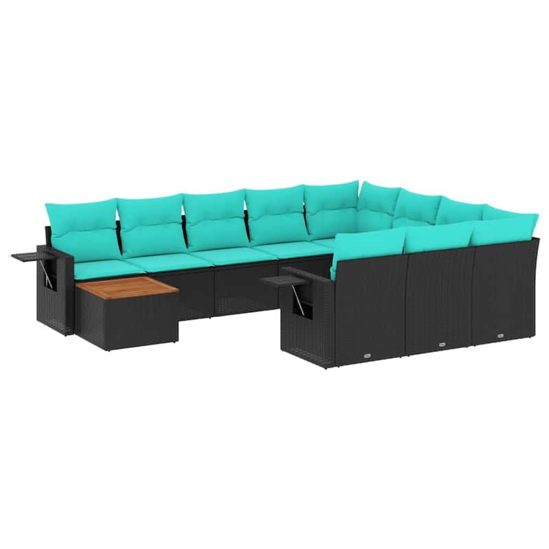 vidaXL 11 Piece Patio Sofa Set with Cushions Black Poly Rattan - 24.4" x 24.4" x 27.2"