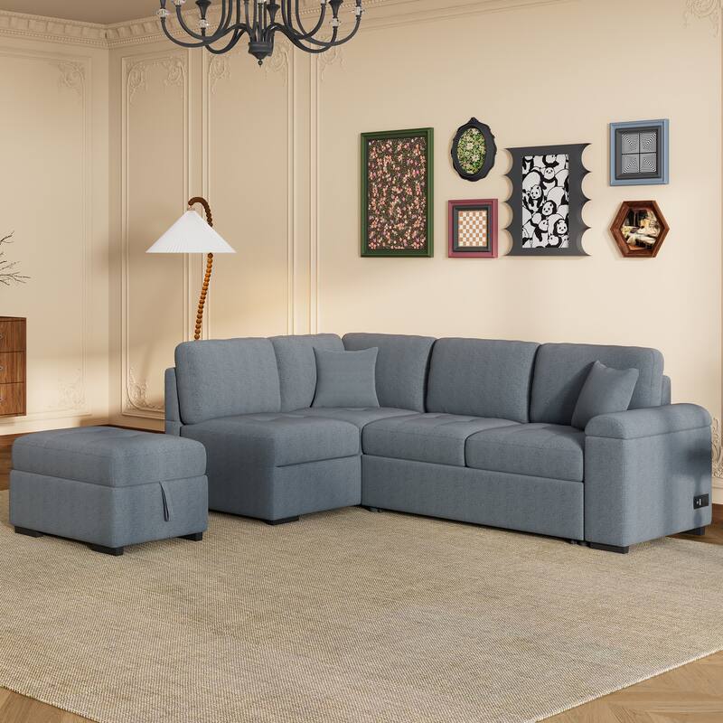 Corner Sleeper Sectional Sofa with Storage Ottoman & USB