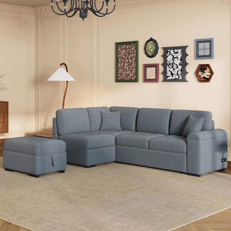 Sleeper Sectional Sofa, L-Shape Corner Couch Sofa-Bed with Storage Ottoman & Hidden Arm Storage & USB Sockets
