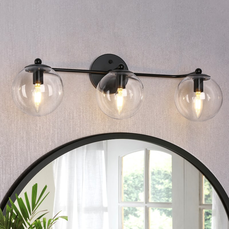 Mid-Century Modern 3-Light Black Gold Bathroom Vanity Light Globe Glass Wall Sconces - Matte Black - Clear Glass