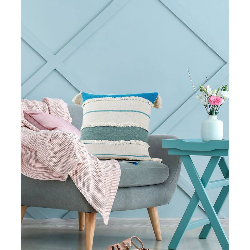 20" Turquoise and White Striped Hand Loomed Square Throw Pillow