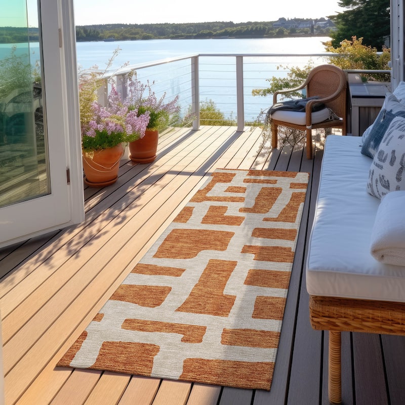 Machine Washable Indoor/ Outdoor Chantille Geo Contemporary Rug - Terracotta - 2'3" x 7'6"