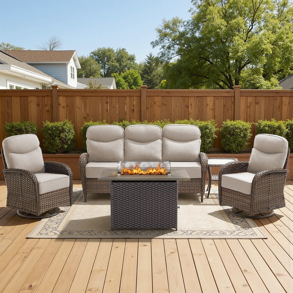 Meyreso 5-Piece Wicker Outdoor Patio Fire Pit Sofa Set with 6-Inch Thick Cushions