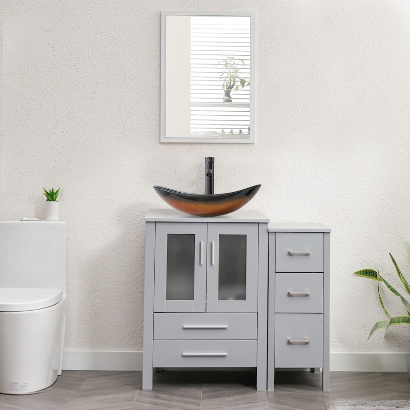36" Bathroom Vanity Sink Gray Set with Side Cabinet Vessel Sink Faucet Combo - Glass brown boat sink