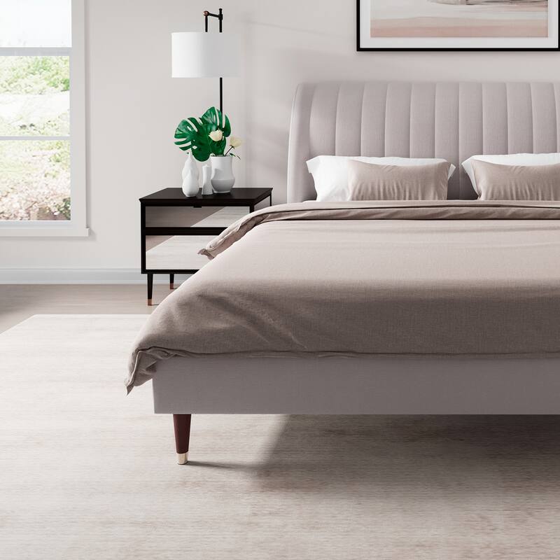 Beige Low Profile Upholstered Platform Bed with Wingback Headboard
