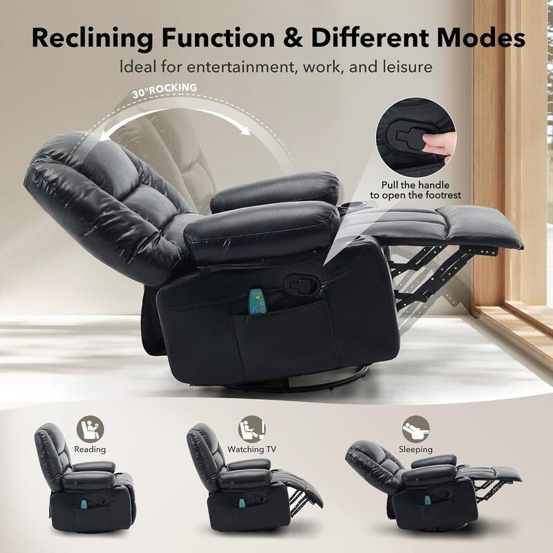 360° Swivel PU Leather Massage and Heating Rocker Recliner Chairs for Living Room, Bedroom