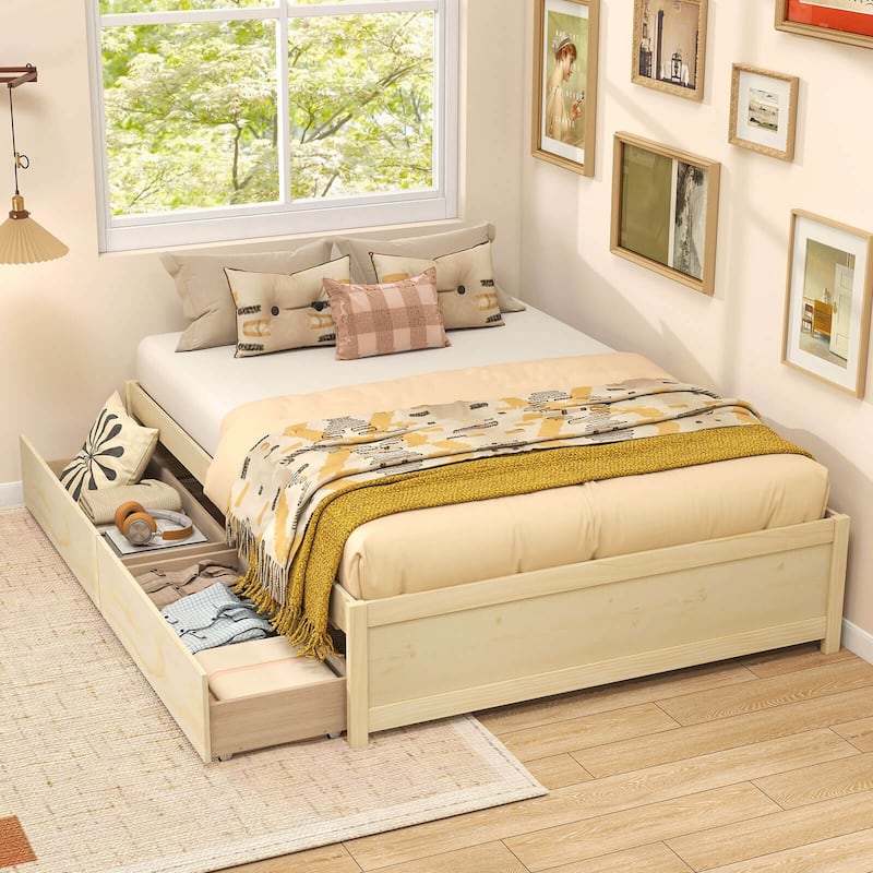 Costway Full/Queen Size Wooden Platform Bed with 2 Rolling Storage - Natural
