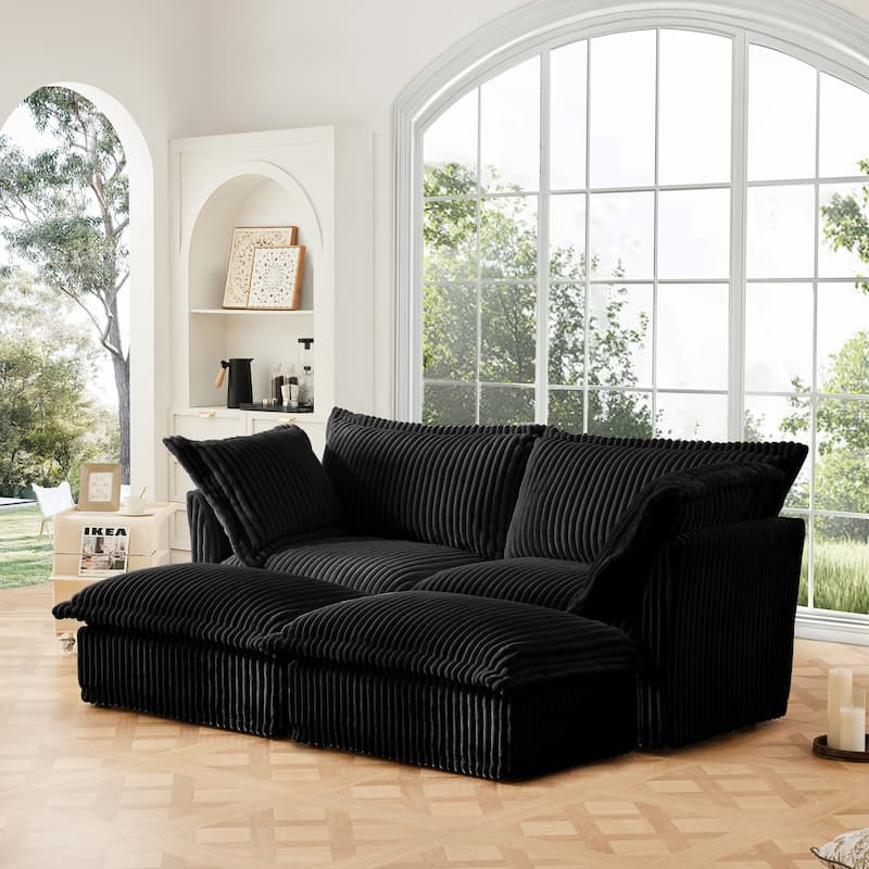 Slipcovered Corduroy 2-Seater Sofa with 2 Ottomans