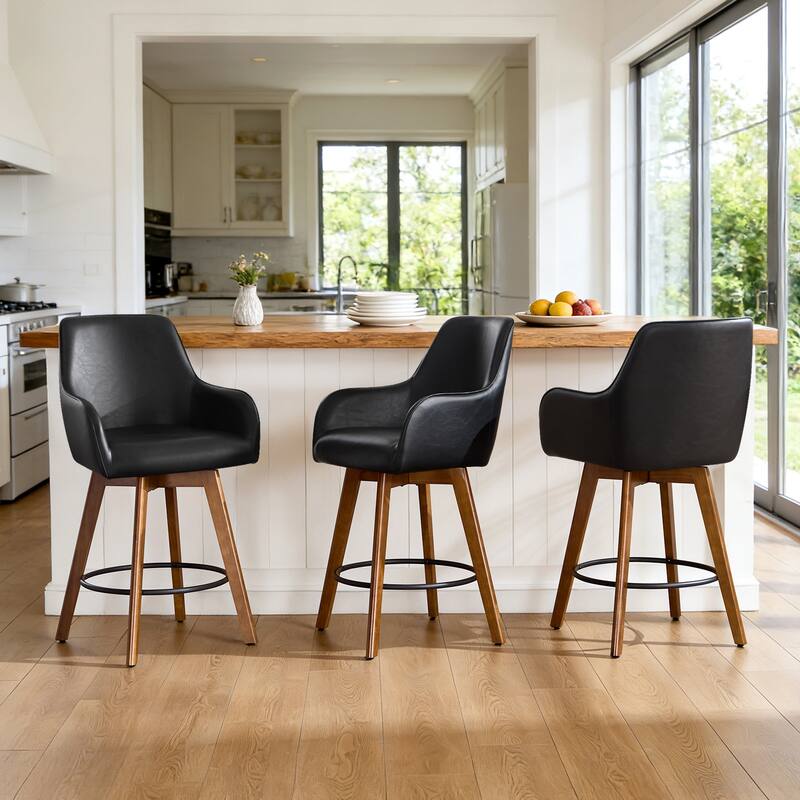 25 Inch Upholstered Swivel Counter Height Bar Stool with Armrests, Solid Wood Legs - 23.6"W x 22.4"D x 40.2"H
