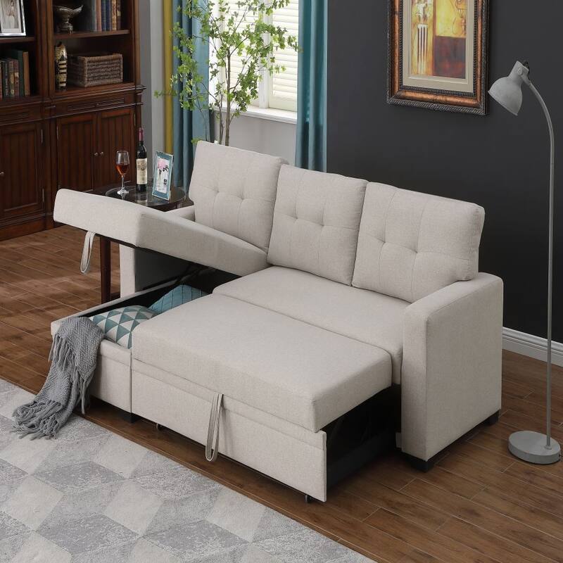 Upholstered Pull Out Sectional Sofa with Chaise - Beige