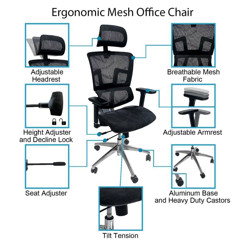 ErgoMax 53 in Tall Black Ergonomic Adjustable Office Chair w/ Aluminum Back and Base, Home Office Ergonomic Chair