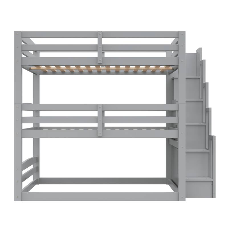 Triple Bunk Bed Twin Size Floor Bed with Storage Staircase