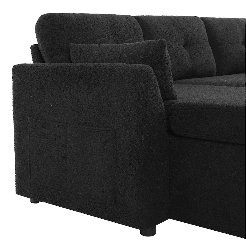 Teddy Fabric Sectional Sofa Convertible Sleeper Sofa Modern U-Shaped Couch Dual Storage Chaise Lounge with Pockets and USB Ports