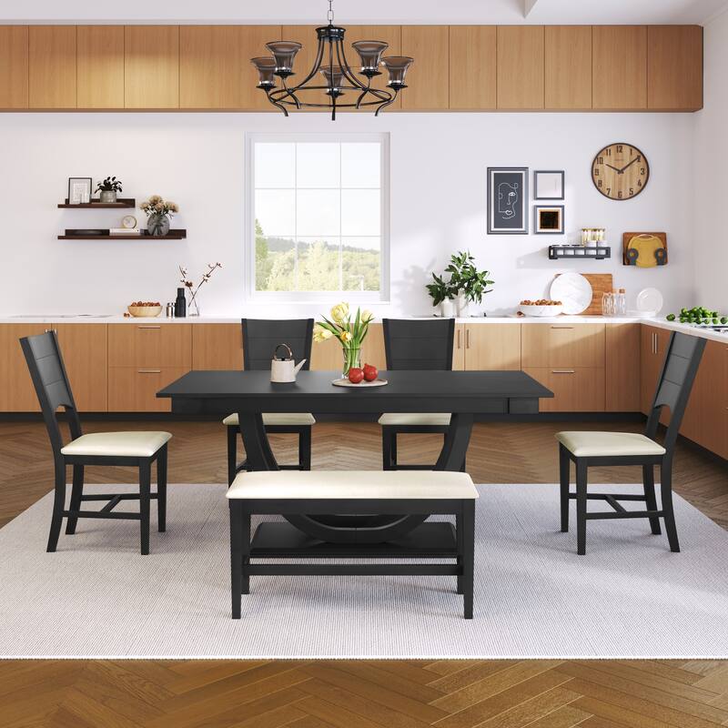 Upholstered Bench and Four Upholstered Chairs with Wooden Backrest, Elegant Rectangular Dining Table Set