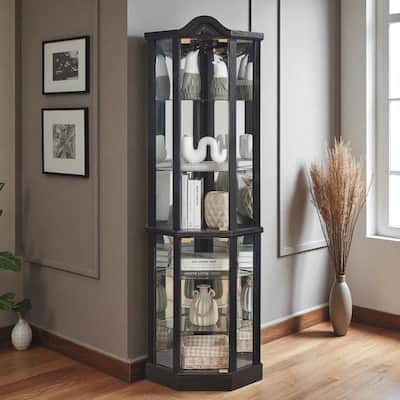 Lighted Corner Curio Cabinet with Glass Doors, Adjustable Shelves & Carved Cherry Decor, Elegant Display Cabinet for Home