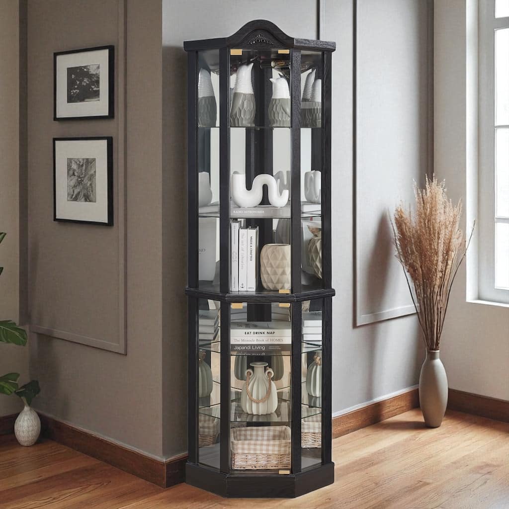 Lighted Corner Curio Cabinet with Glass Doors, Adjustable Shelves & Carved Cherry Decor, Elegant Display Cabinet for Home