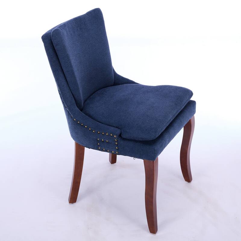 Double-layer Cushioned Dining Chairs Set of 2 Chenille Mid-Back Chair with Nailhead Trim Side Chair with Bent Wood Legs