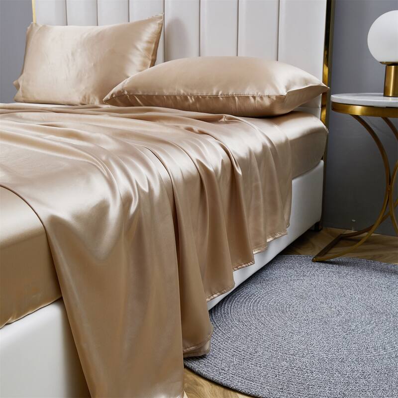 Silky Satin Bed Sheets Set Pillowcase Deep Pocket Flat Fitted Sheet