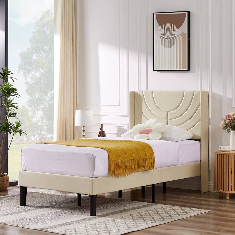 Kids Bed Frame, Height Adjustable Upholstered Bed, Twin Size Bed Set of 2