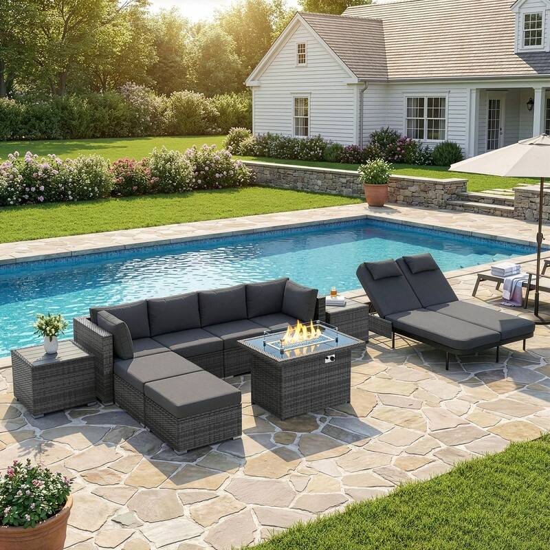 Outdoor Sectional Conversation Set PE Wicker with Double Chaise Lounge, 60,000 BTU Fire Pit Table - 10-Piece/Ottoman & Table - Dark Gray