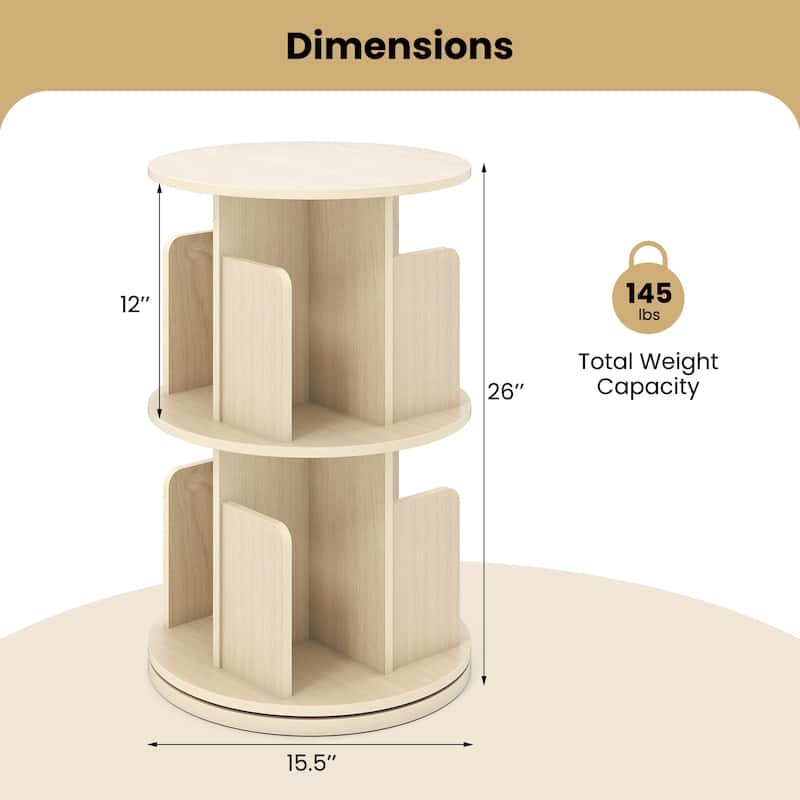 2-Tier Freestanding Bookshelf with Rotating Storage Shelves Rack for Books or Decor - 15.5" x 15.5" x 26"