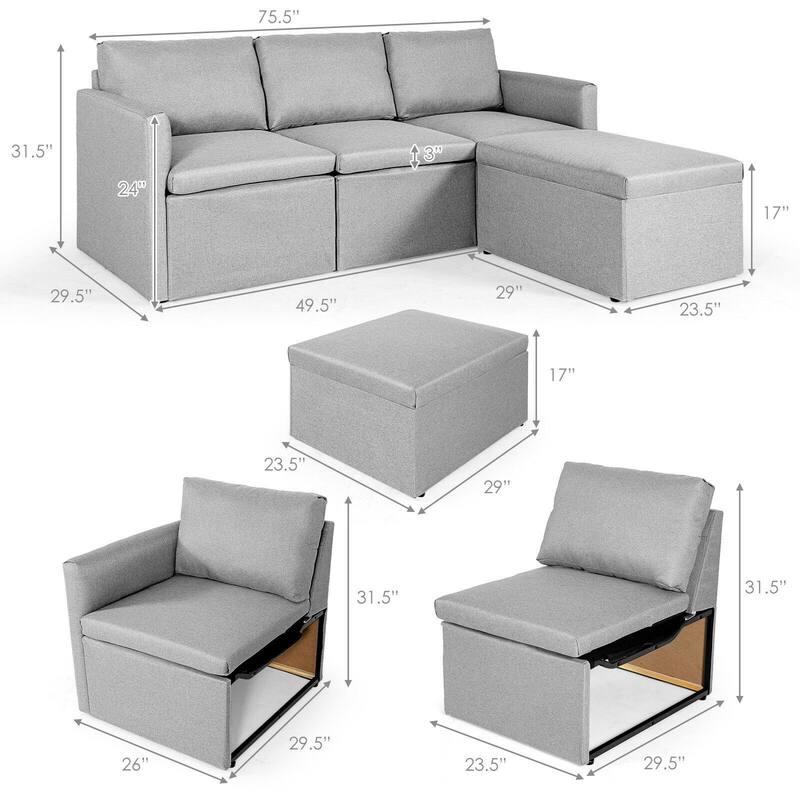 Convertible L-Shaped Sectional Sofa Couch with Reversible Chaise - 75.5" x 58.5" x 31.5" (W x D x H)