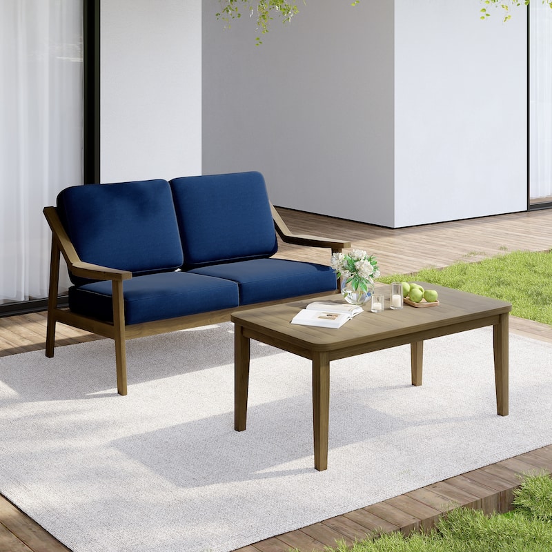 Outdoor Wood Teak Cushioned Patio 2 Seater Loveseat with Coffee Table - Natural Wood - Navy