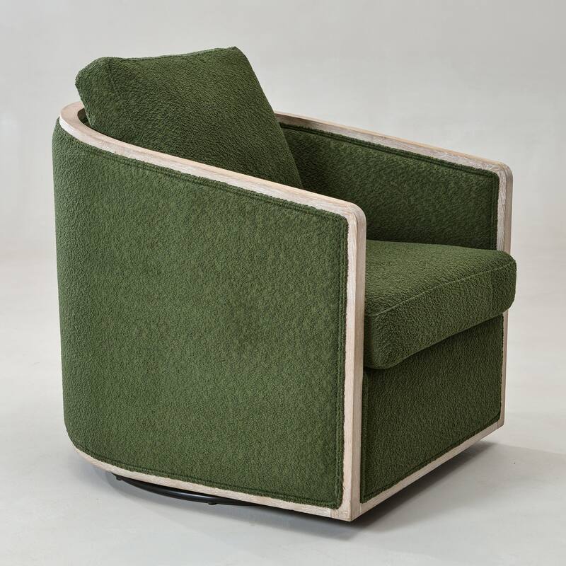 KINWELL 31"W Oak Frame Upholstered Swivel Barrel Armchair