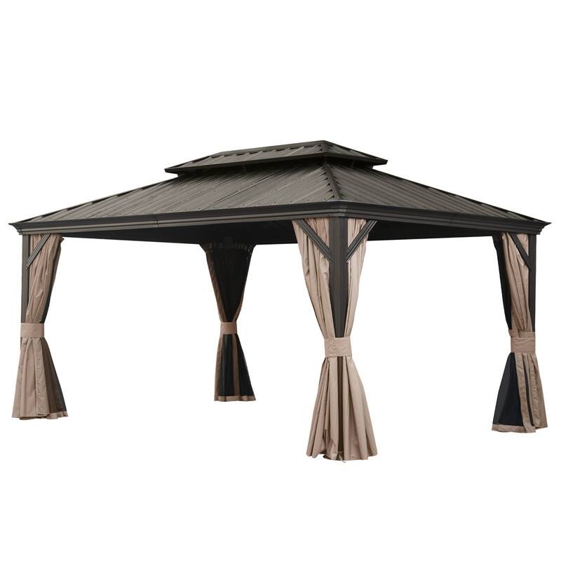 Domi Hardtop Gazebo with Galvanized Steel Double Roof and Aluminum Frame - 12'x18' - Dark Brown