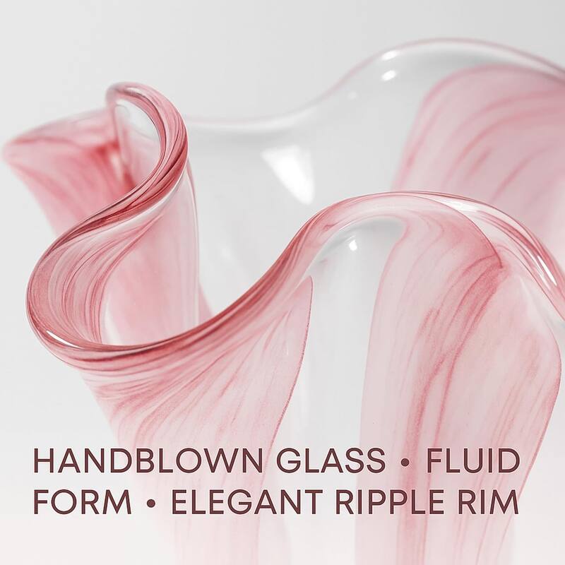 Pink Striped Handblown Glass Set of Two Scalloped Edge Vases