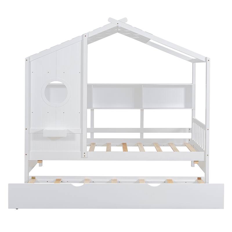 White Twin Size Wooden House Bed with Trundle and Storage Shelf