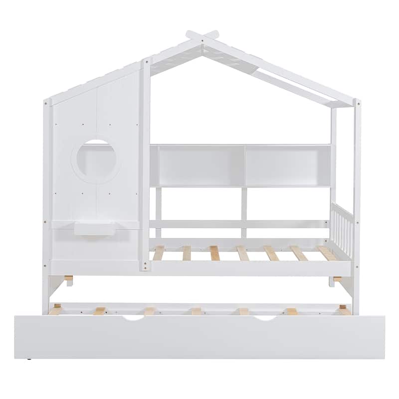 Wooden Twin Size House Bed With Trundle
