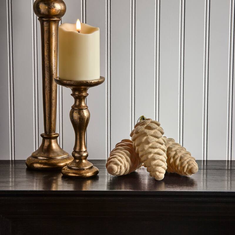 5.5" Shatterproof Plastic Flocked Pinecone Ornament Set of 2 - Tan