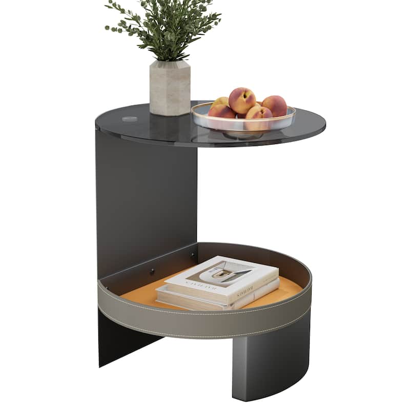 ARTLOGE 2-Tier Glass End Table Distinctive End Table with Tempered Glass-top Saddle Leather Shelf Accent Table for Bedroom -  L * W * H 46x46x52.3cm-Grey