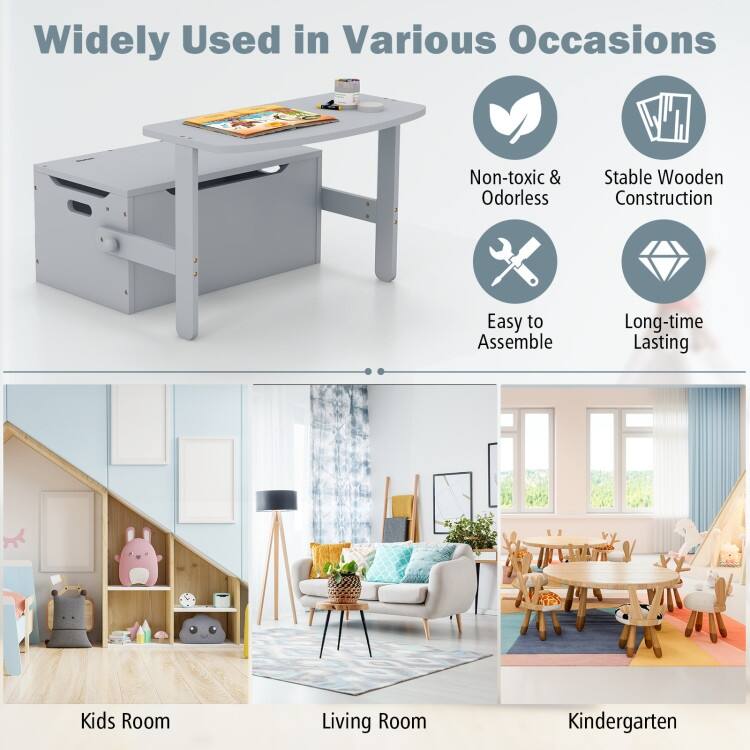 3-in-1 Kids Convertible Storage Bench Wood Activity Table and Chair Set - Chair: 24" x 16.5" x 22.5"