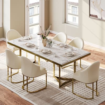 Modern Marble Dining Table with White Rectangular Tabletop Gold Stainless Legs, Dining Room Table